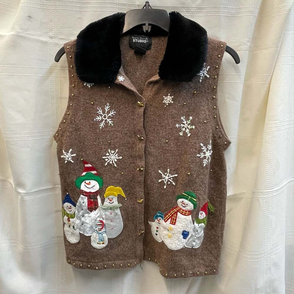 Designers Originals Sweater Vest Brown Christmas Snowmen Fur Collar